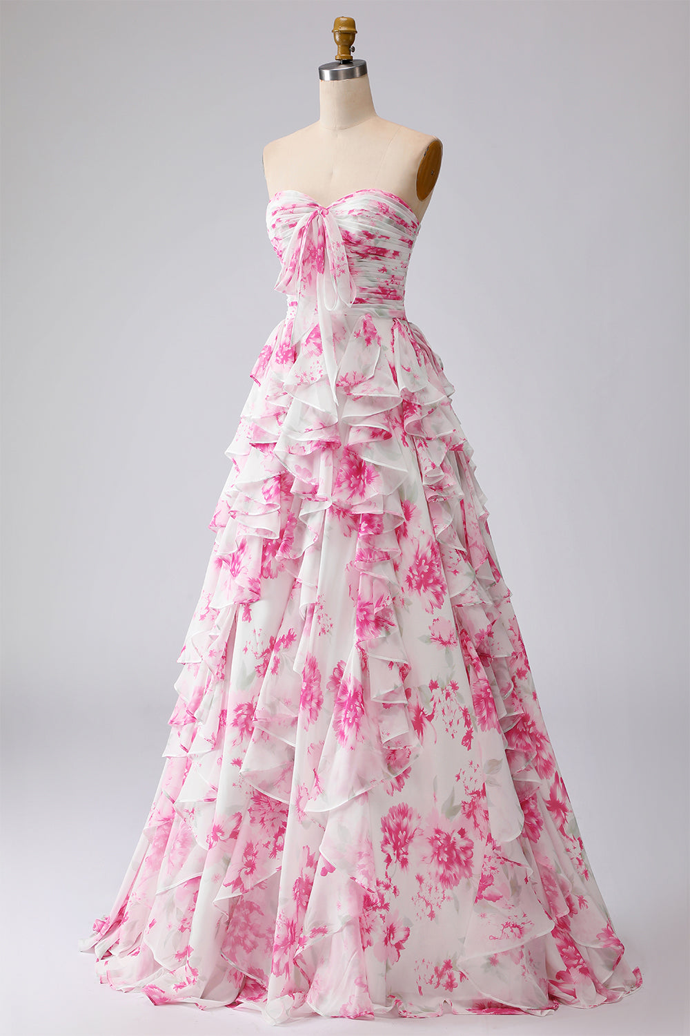Robe longue de bal de promo plissée trapèze sans bretelles à volants, fleur fuchsia blanche