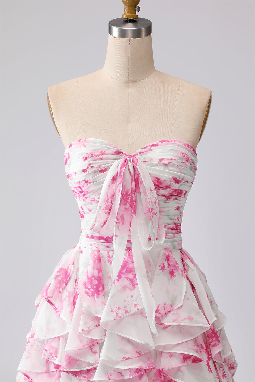 Robe longue de bal de promo plissée trapèze sans bretelles à volants, fleur fuchsia blanche