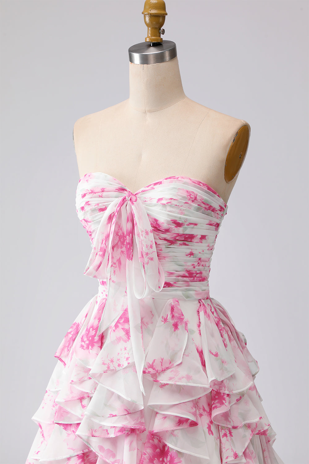 Robe longue de bal de promo plissée trapèze sans bretelles à volants, fleur fuchsia blanche