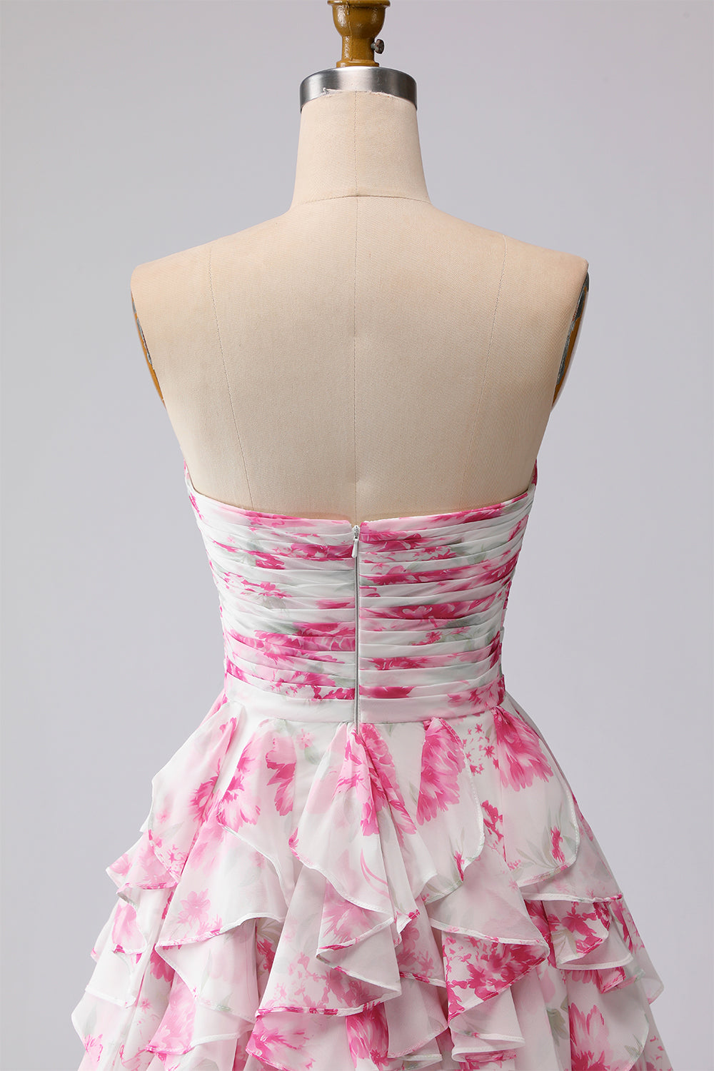 Robe longue de bal de promo plissée trapèze sans bretelles à volants, fleur fuchsia blanche