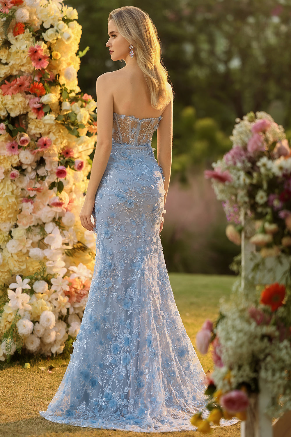 Fuchsia Mermaid Corset Strapless 3D Flowers Sequin Long Prom Dress with Slit