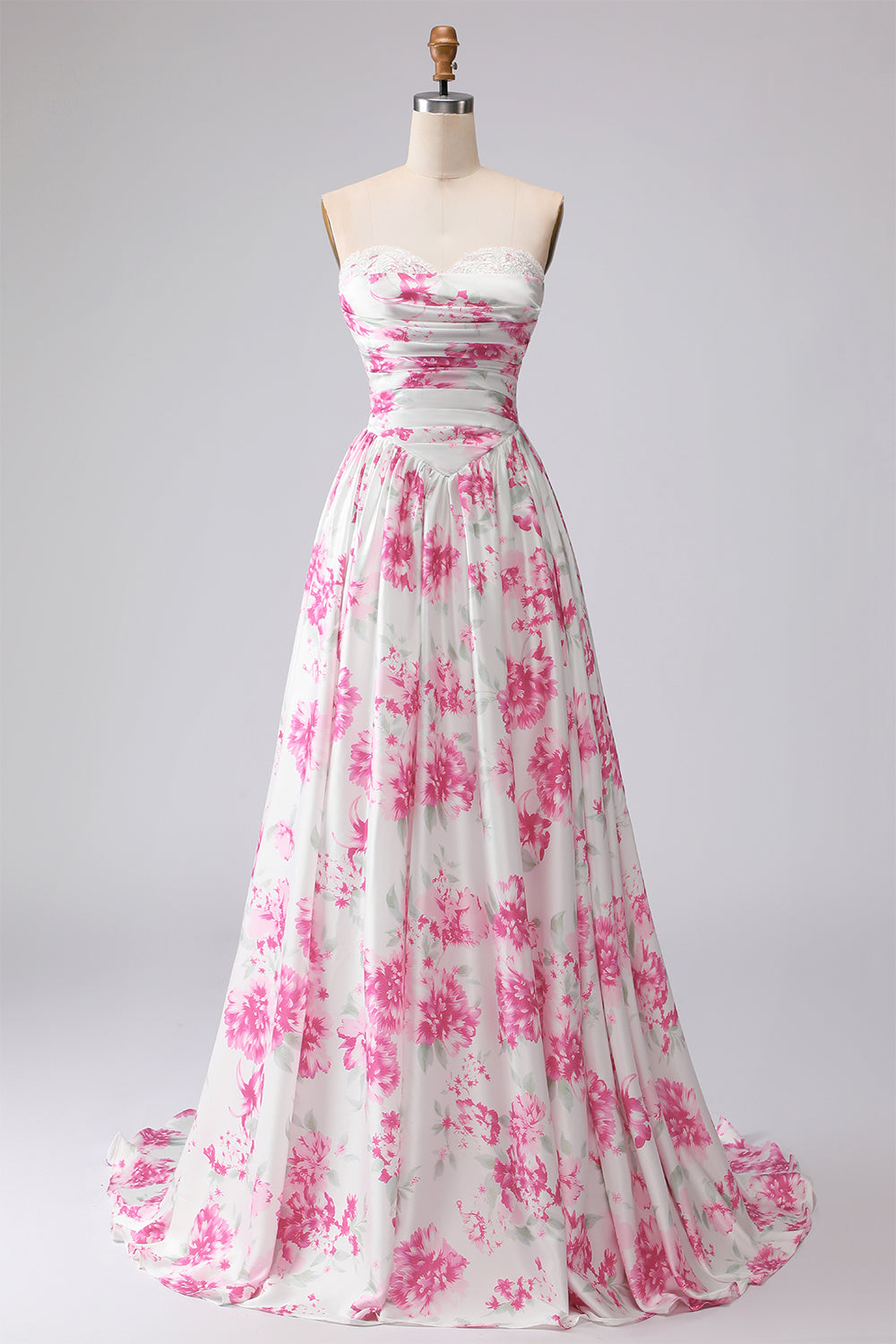 Robe de bal plissée trapèze sans bretelles à imprimé fleurs de fuchsia blanc