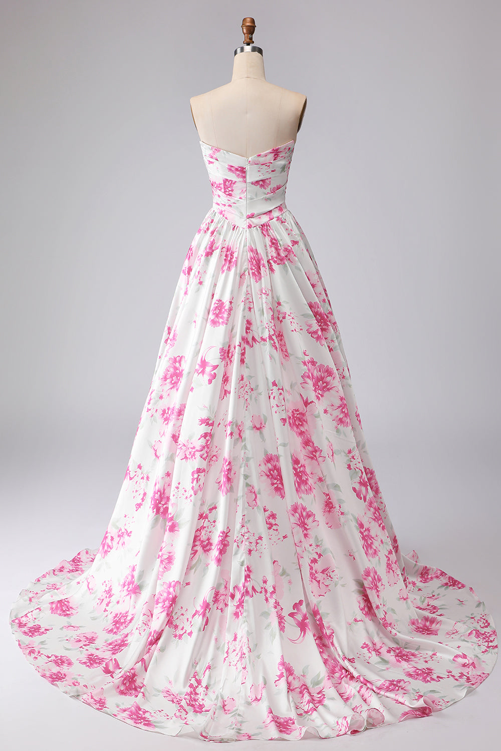 Robe de bal plissée trapèze sans bretelles à imprimé fleurs de fuchsia blanc