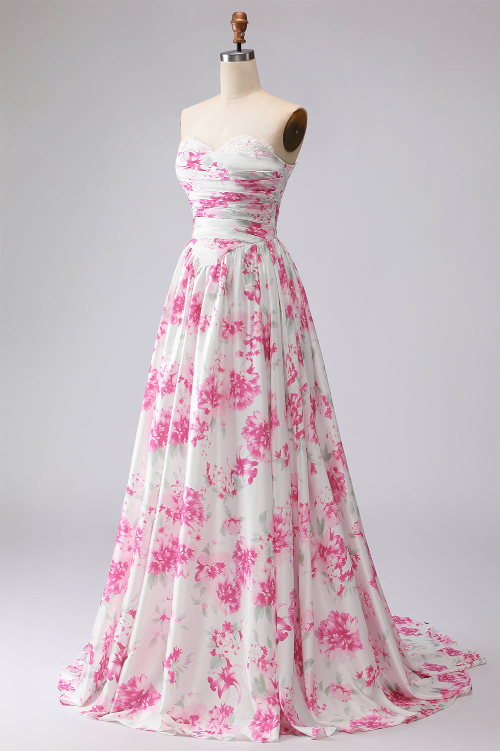 Robe de bal plissée trapèze sans bretelles à imprimé fleurs de fuchsia blanc