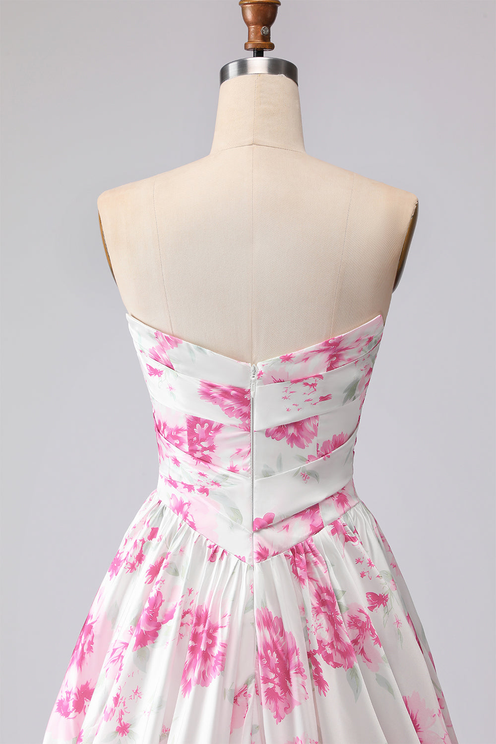 Robe de bal plissée trapèze sans bretelles à imprimé fleurs de fuchsia blanc