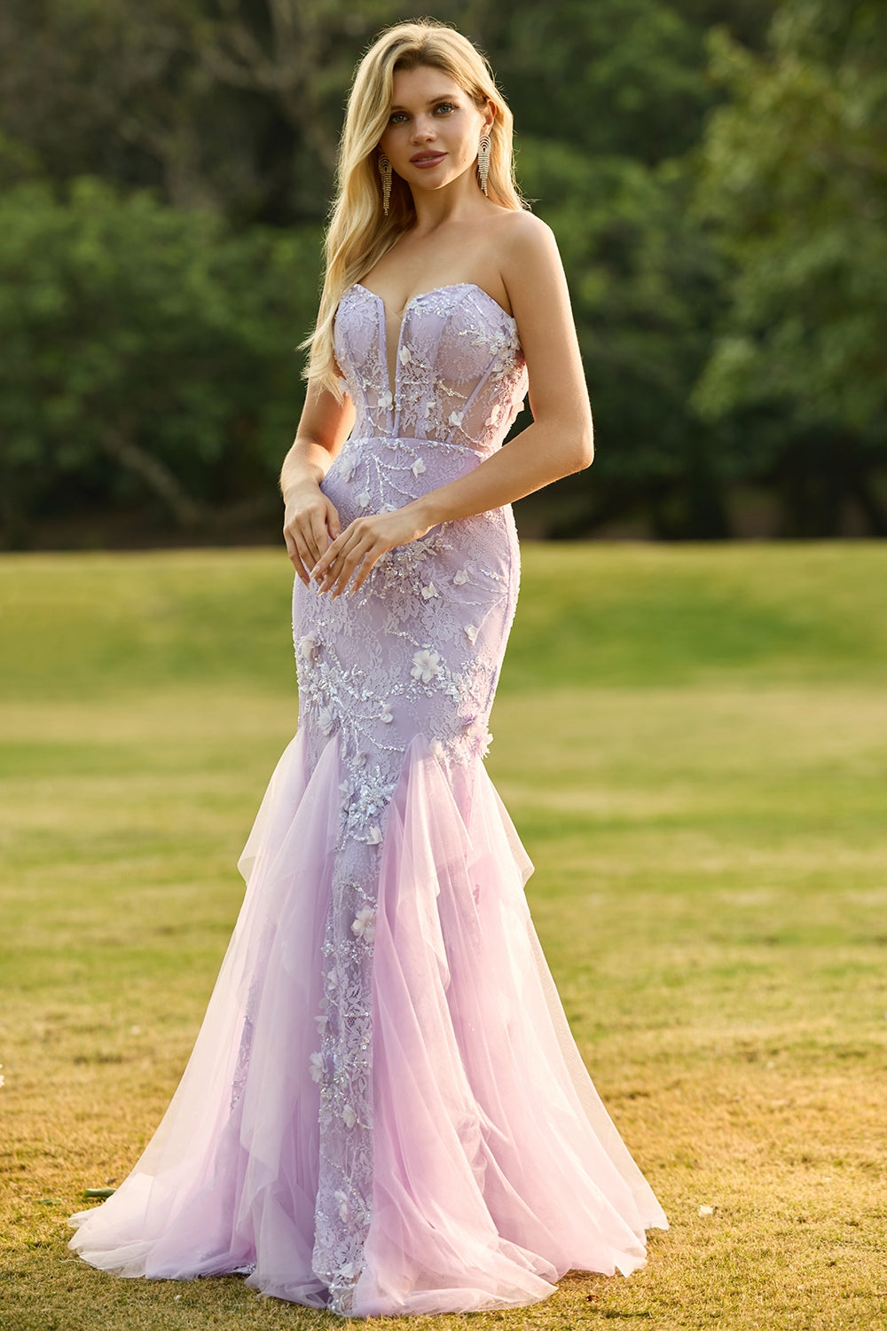Purple Mermaid Strapless Lace Corset Long Prom Dress with 3D Flowers