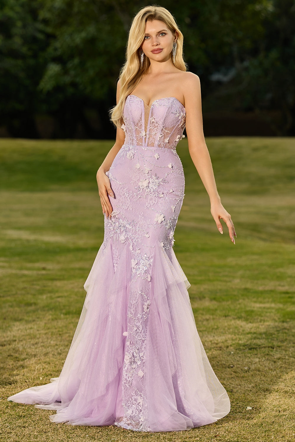 Purple Mermaid Strapless Lace Corset Long Prom Dress with 3D Flowers