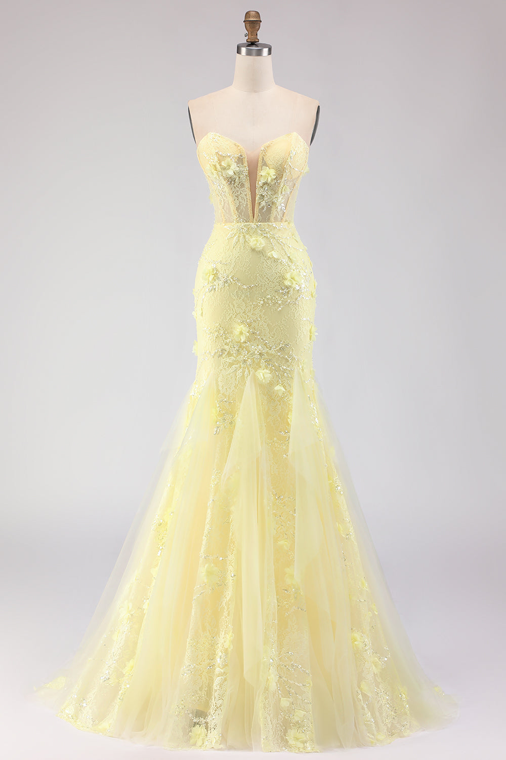 Robe de bal longue sirène corset en dentelle jaune bustier avec perles