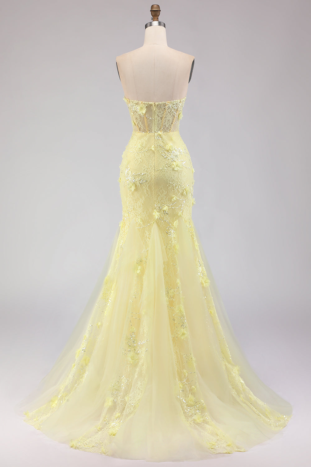 Robe de bal longue sirène corset en dentelle jaune bustier avec perles