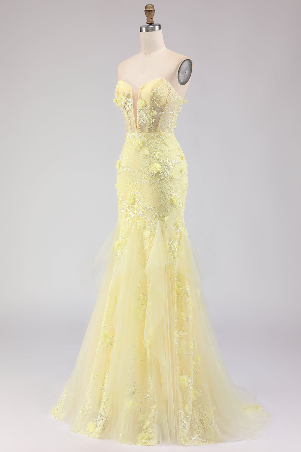 Robe de bal longue sirène corset en dentelle jaune bustier avec perles