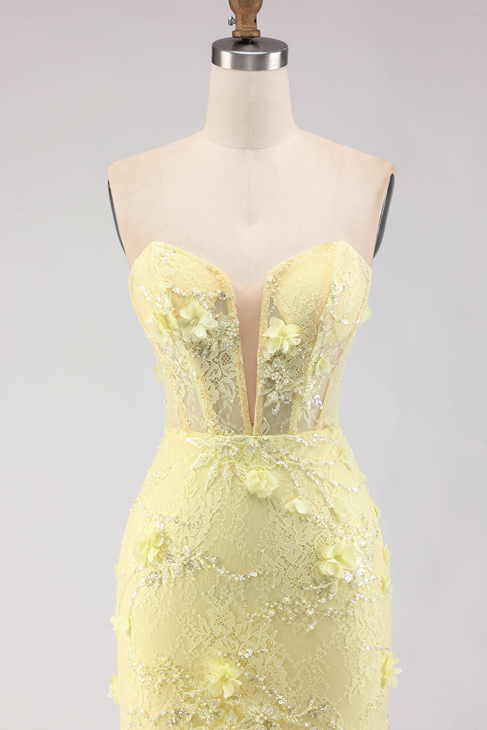 Robe de bal longue sirène corset en dentelle jaune bustier avec perles
