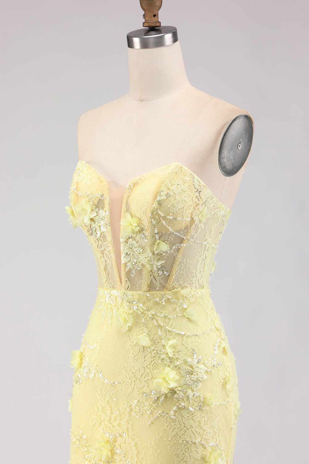 Robe de bal longue sirène corset en dentelle jaune bustier avec perles