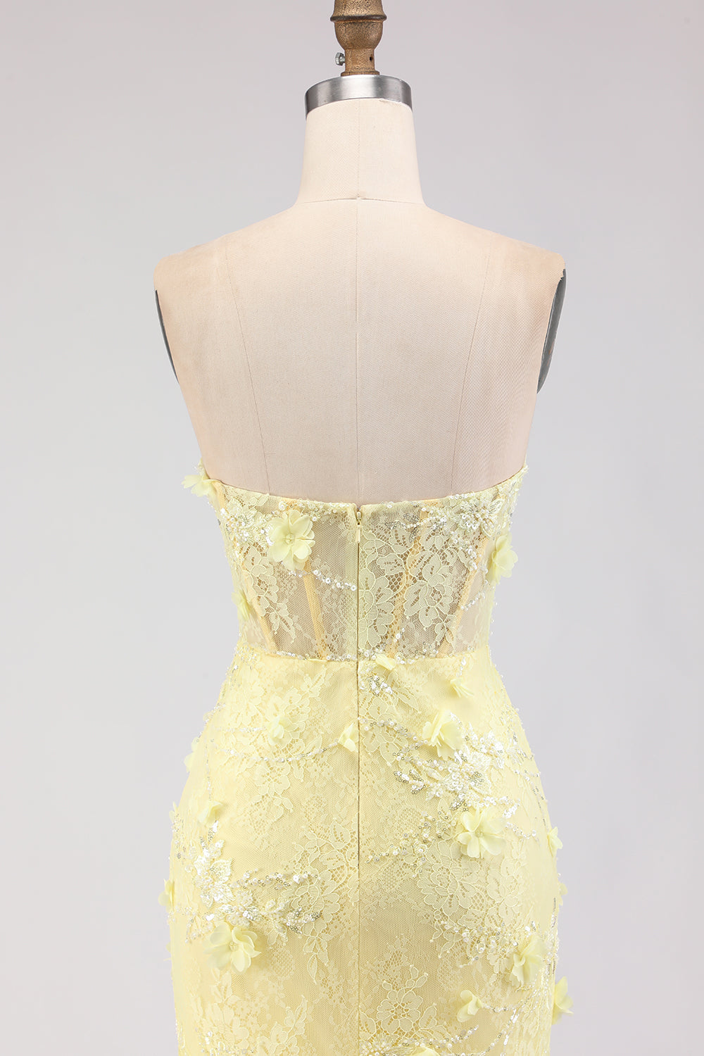 Robe de bal longue sirène corset en dentelle jaune bustier avec perles
