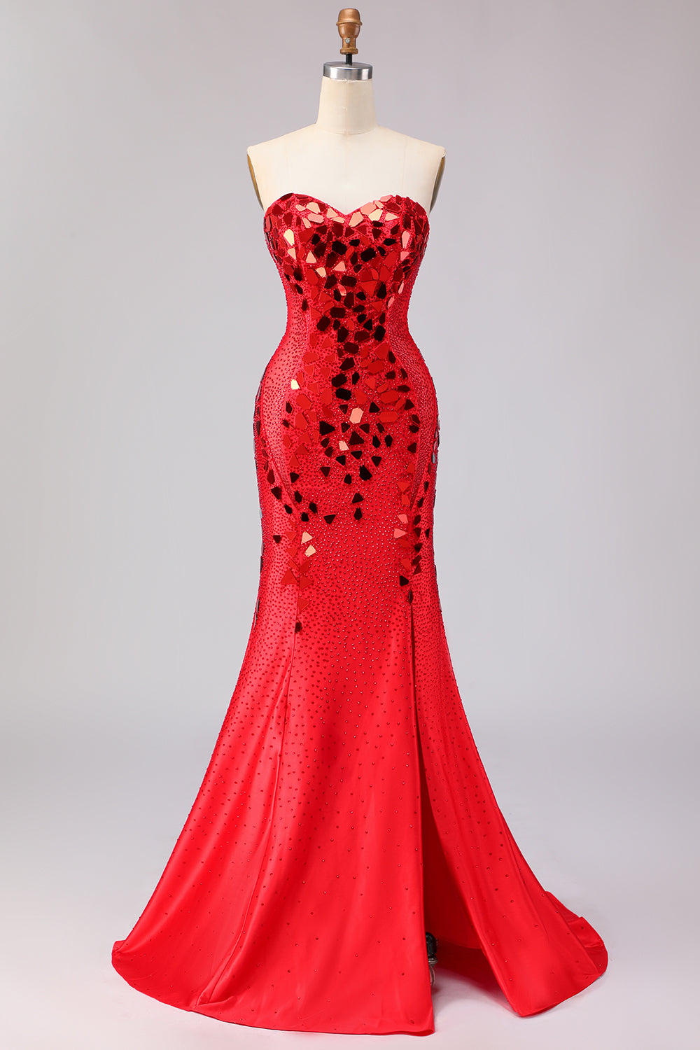 Red Strapless Mermaid Beaded Side Slit Long Prom Dress with Mirror