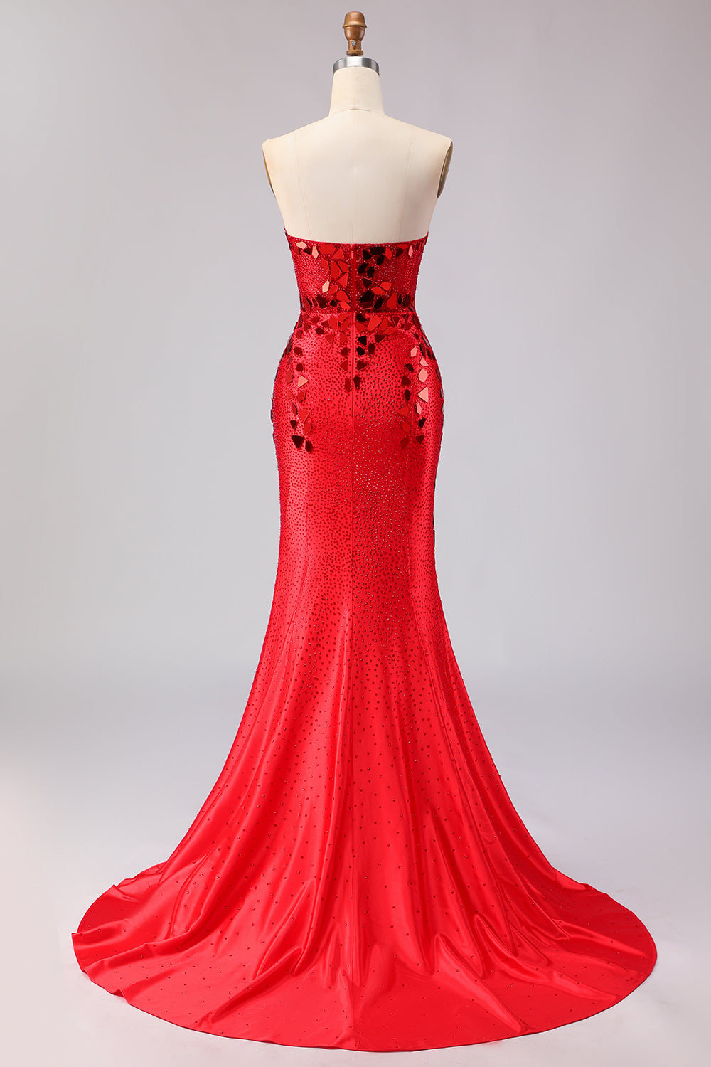 Robe de bal longue sirène bleu royal sans bretelles, ornée de perles et fendue sur le côté, avec miroir