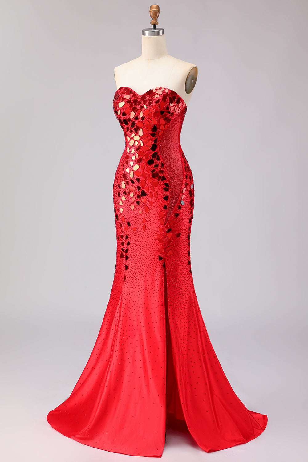 Robe de bal longue sirène bleu royal sans bretelles, ornée de perles et fendue sur le côté, avec miroir