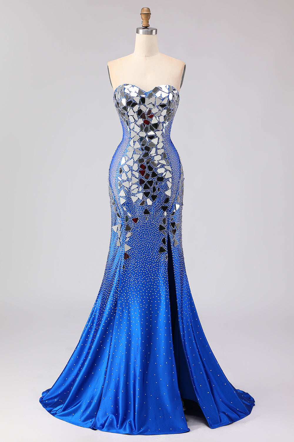 Robe de bal longue sirène bleu royal sans bretelles, ornée de perles et fendue sur le côté, avec miroir
