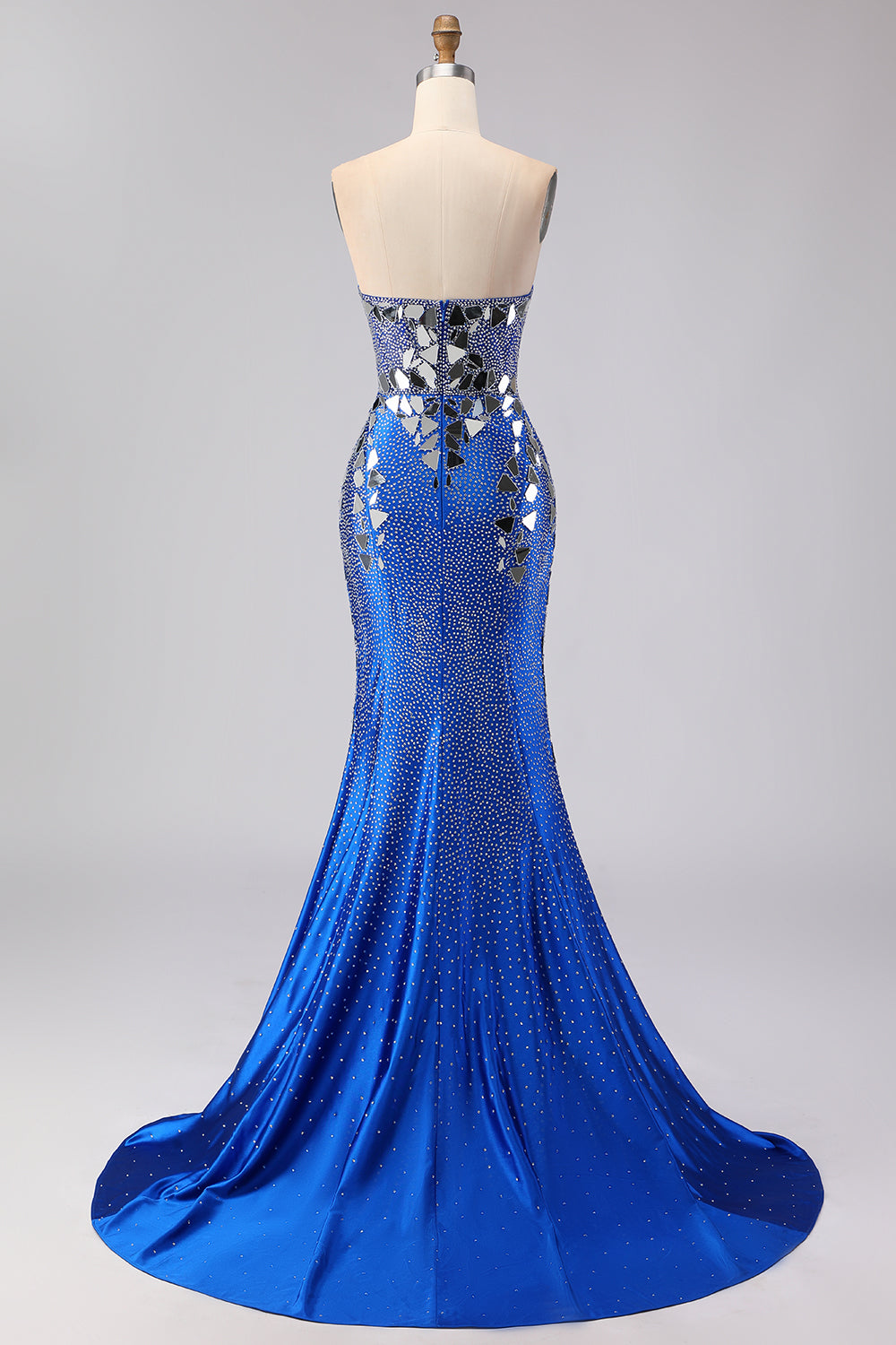 Robe de bal longue sirène bleu royal sans bretelles, ornée de perles et fendue sur le côté, avec miroir