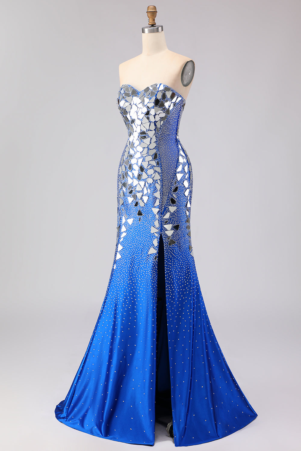 Red Strapless Mermaid Beaded Side Slit Long Prom Dress with Mirror