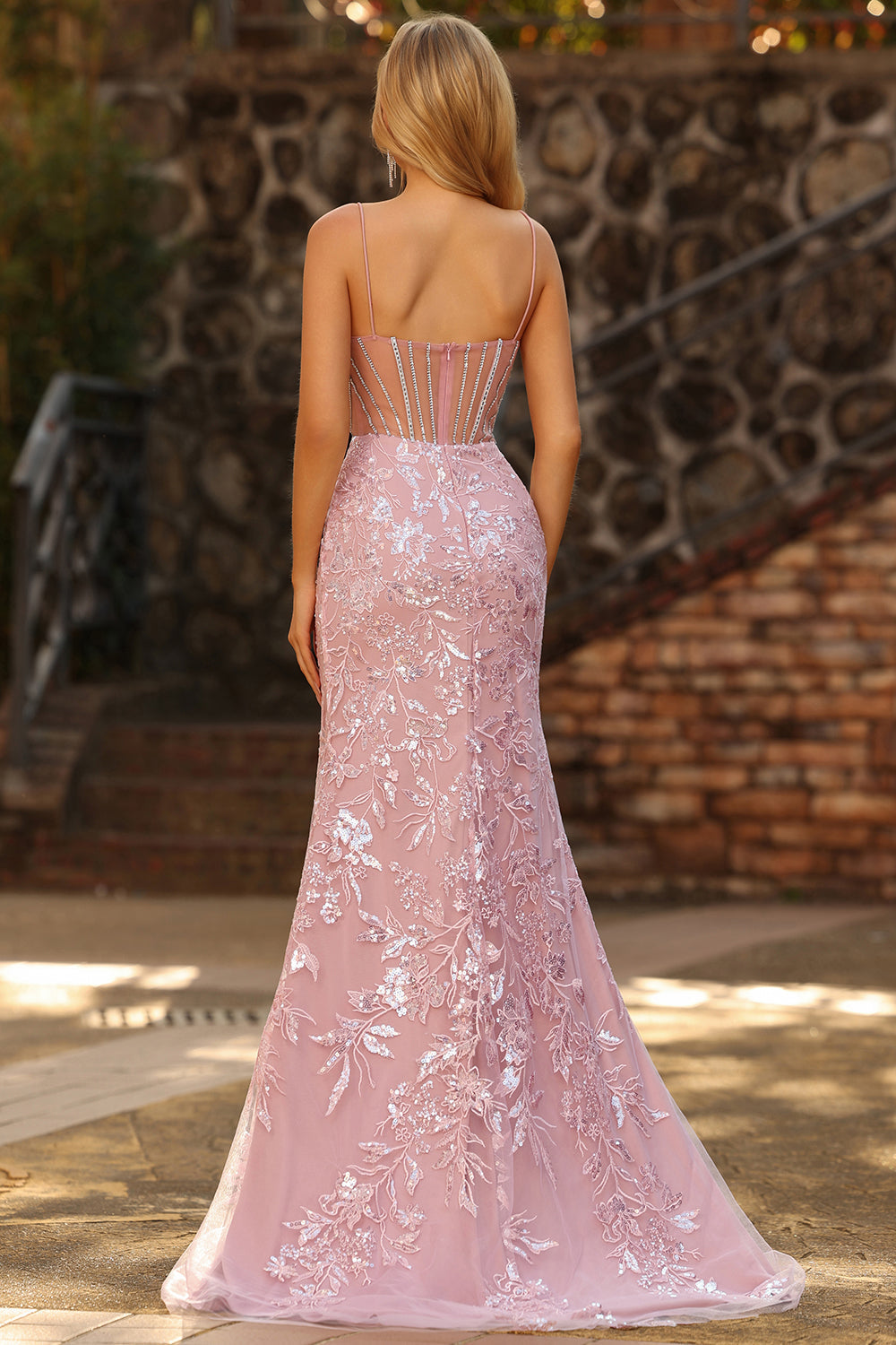 Sparkly Blush Mermaid Sheer Corset Beaded Long Prom Dress with Sequins