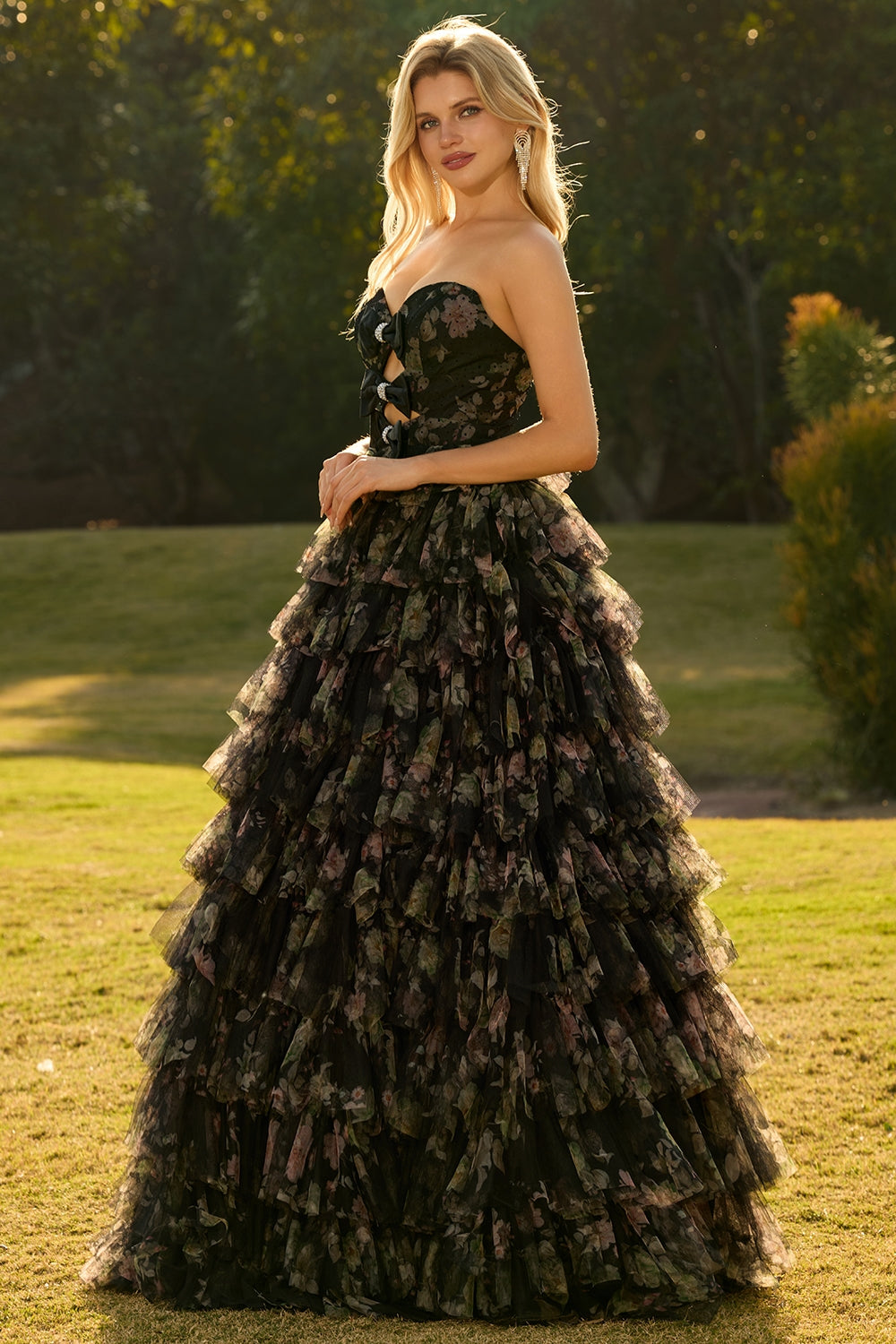 Pink Flower A-Line Cut Out Strapless Tiered Ruffle Long Prom Dress with Bows