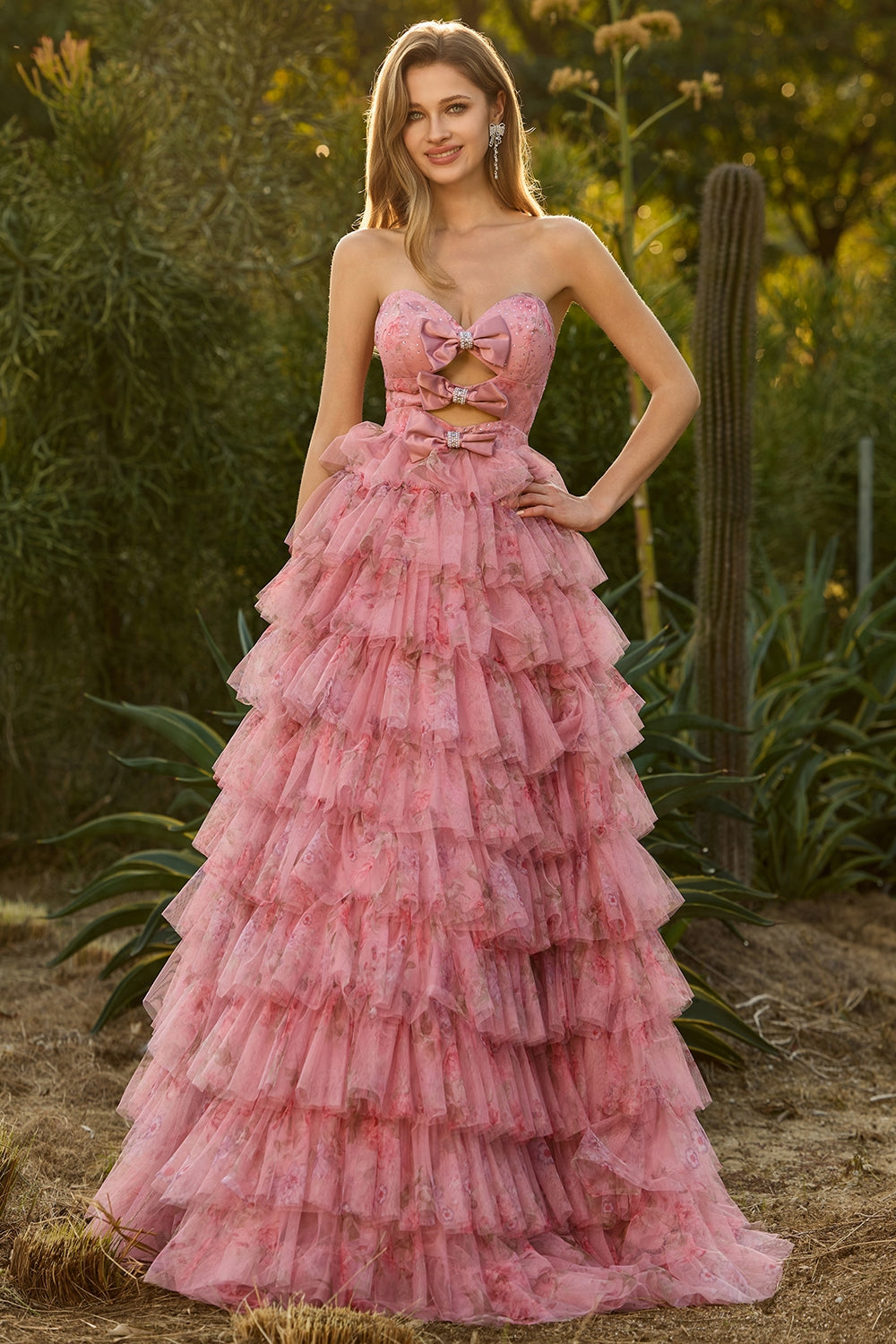 Pink Flower A-Line Cut Out Strapless Tiered Ruffle Long Prom Dress with Bows
