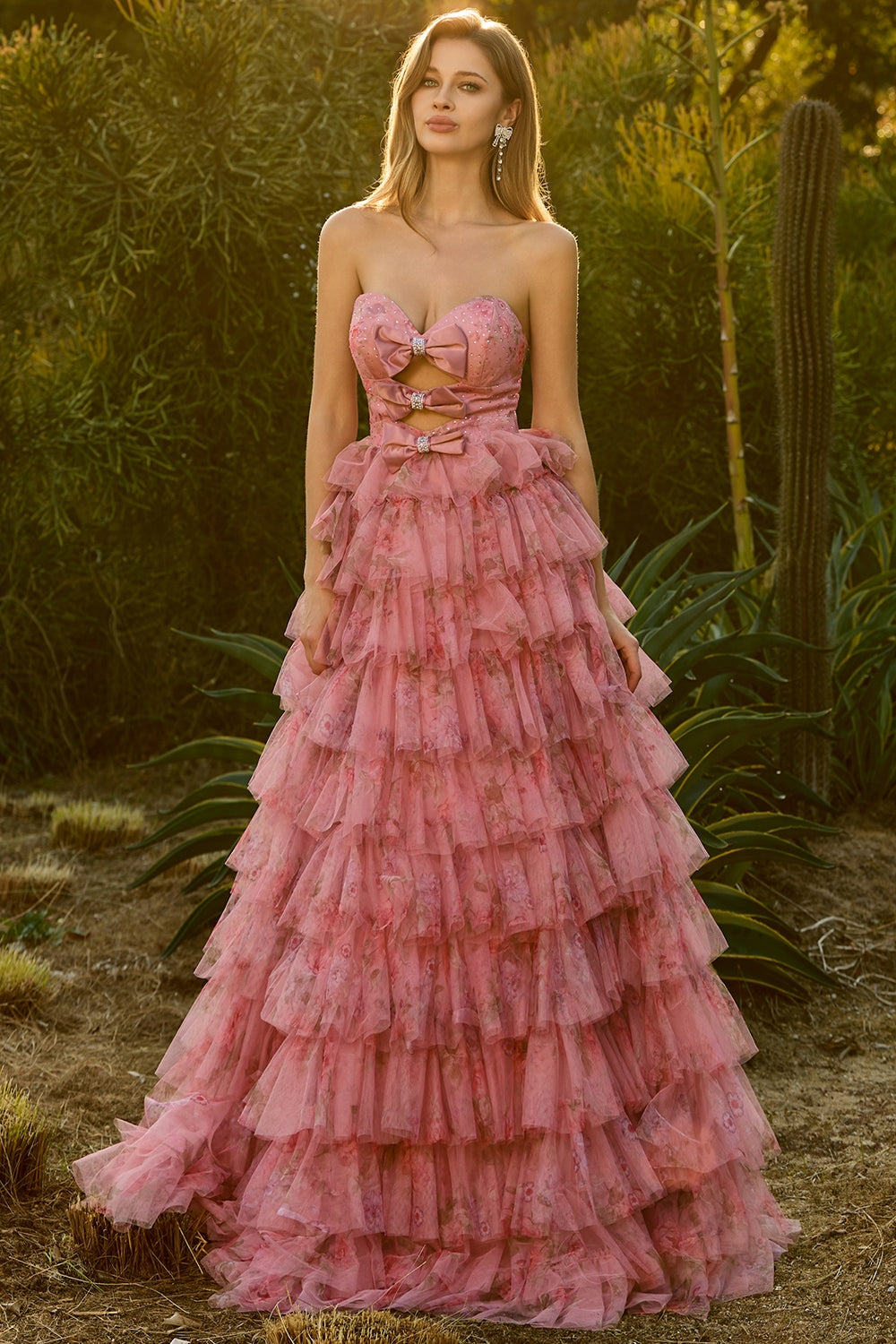Pink Flower A-Line Cut Out Strapless Tiered Ruffle Long Prom Dress with Bows