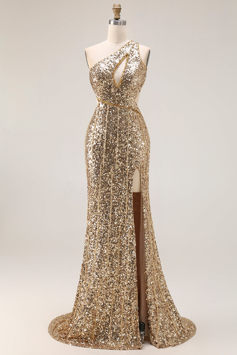 Robe de bal longue sirène à paillettes dorées, découpée sur une épaule, avec fente