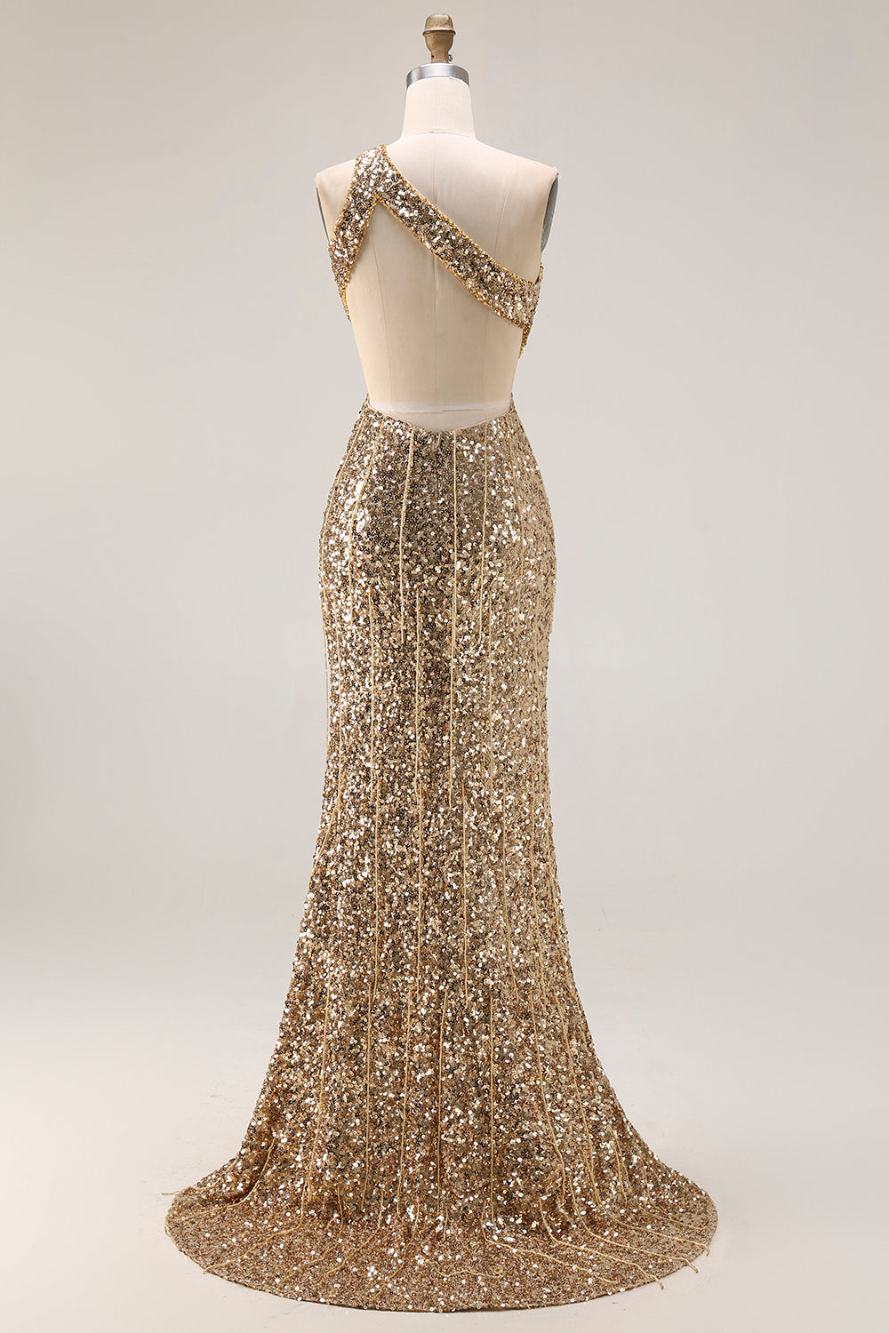 Robe de bal longue sirène à paillettes dorées, découpée sur une épaule, avec fente