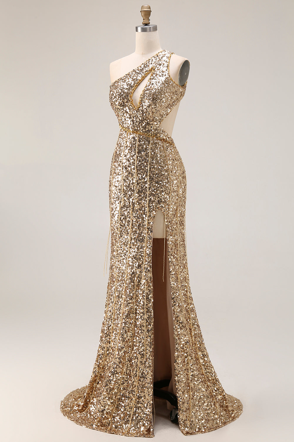 Robe de bal longue sirène à paillettes dorées, découpée sur une épaule, avec fente