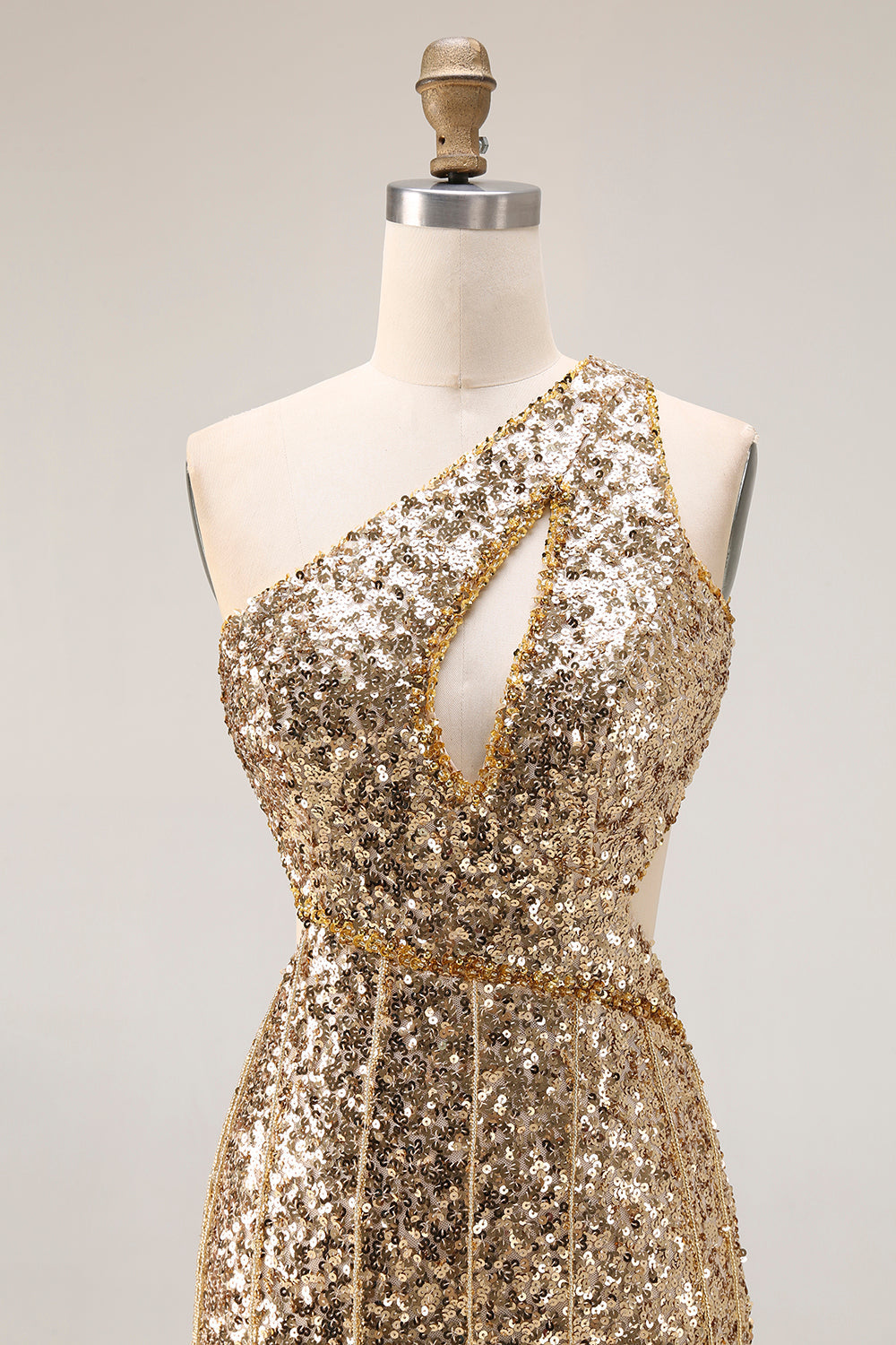 Robe de bal longue sirène à paillettes dorées, découpée sur une épaule, avec fente