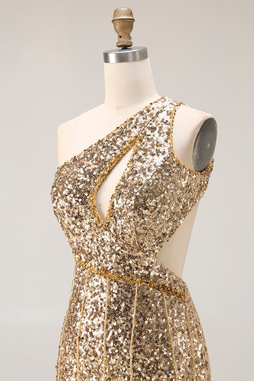 Robe de bal longue sirène à paillettes dorées, découpée sur une épaule, avec fente