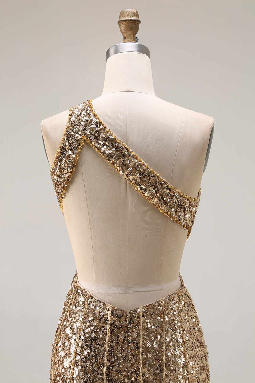 Robe de bal longue sirène à paillettes dorées, découpée sur une épaule, avec fente