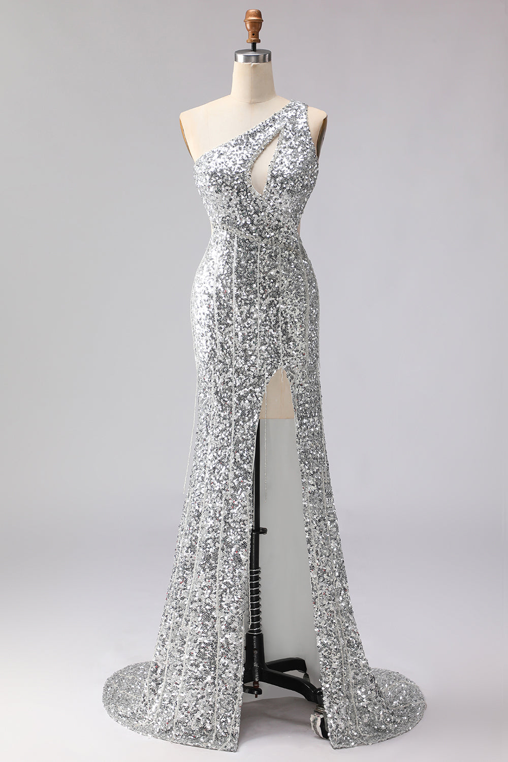Robe de bal longue sirène à paillettes dorées, découpée sur une épaule, avec fente