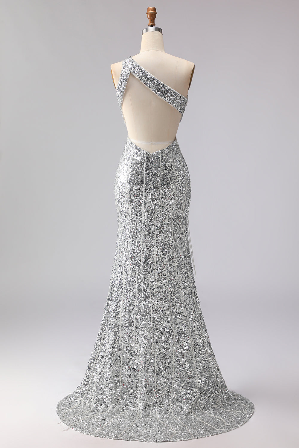 Robe de bal longue sirène à paillettes dorées, découpée sur une épaule, avec fente