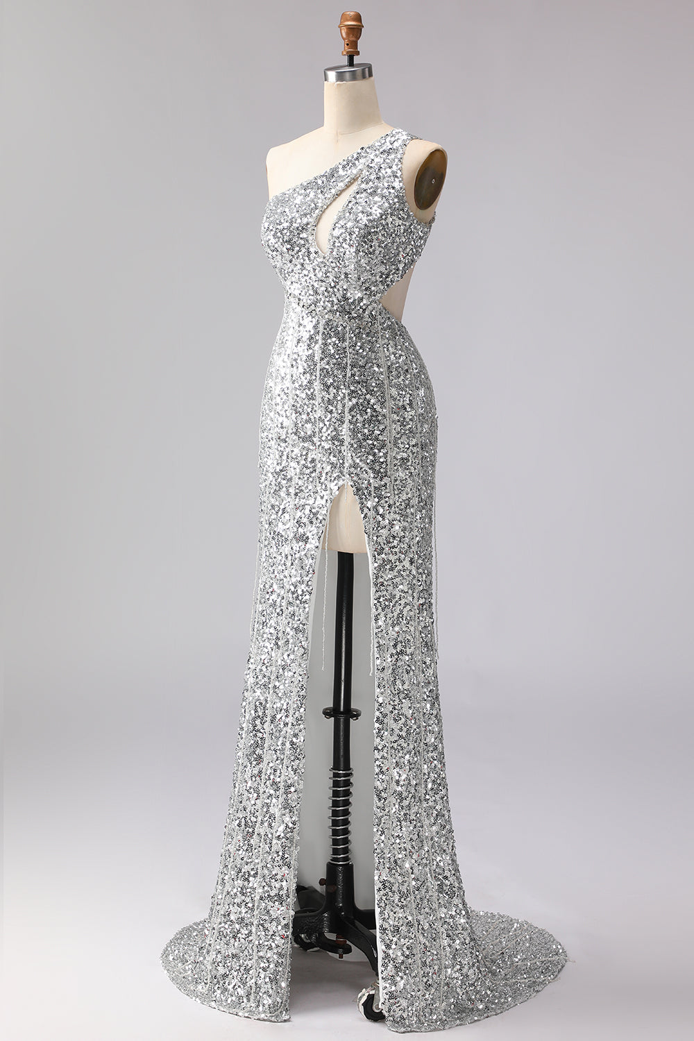 Robe de bal longue sirène à paillettes dorées, découpée sur une épaule, avec fente