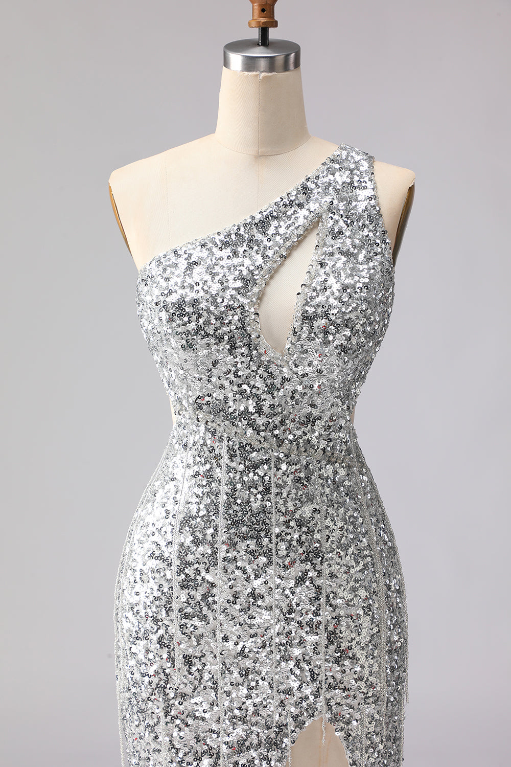 Robe de bal longue sirène à paillettes dorées, découpée sur une épaule, avec fente