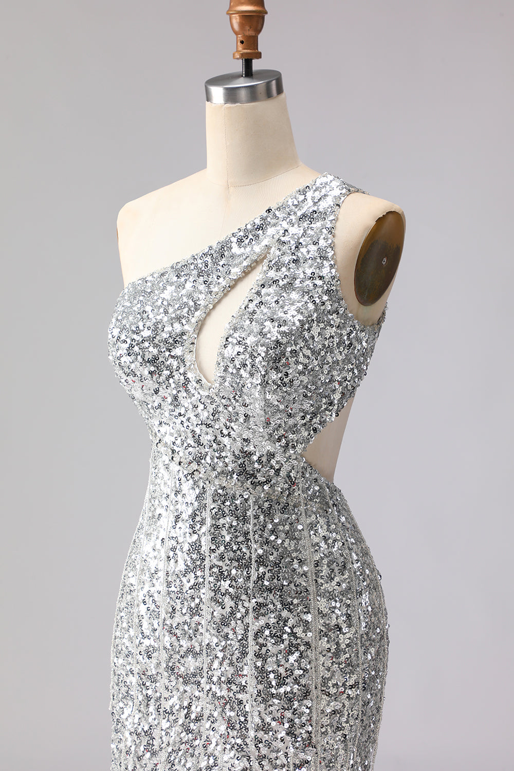 Robe de bal longue sirène à paillettes dorées, découpée sur une épaule, avec fente