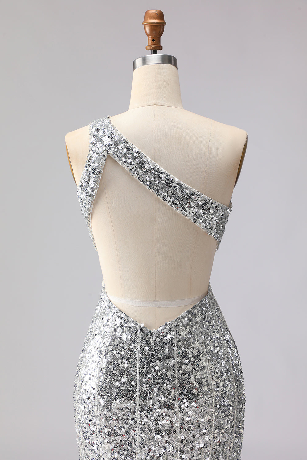 Robe de bal longue sirène à paillettes dorées, découpée sur une épaule, avec fente