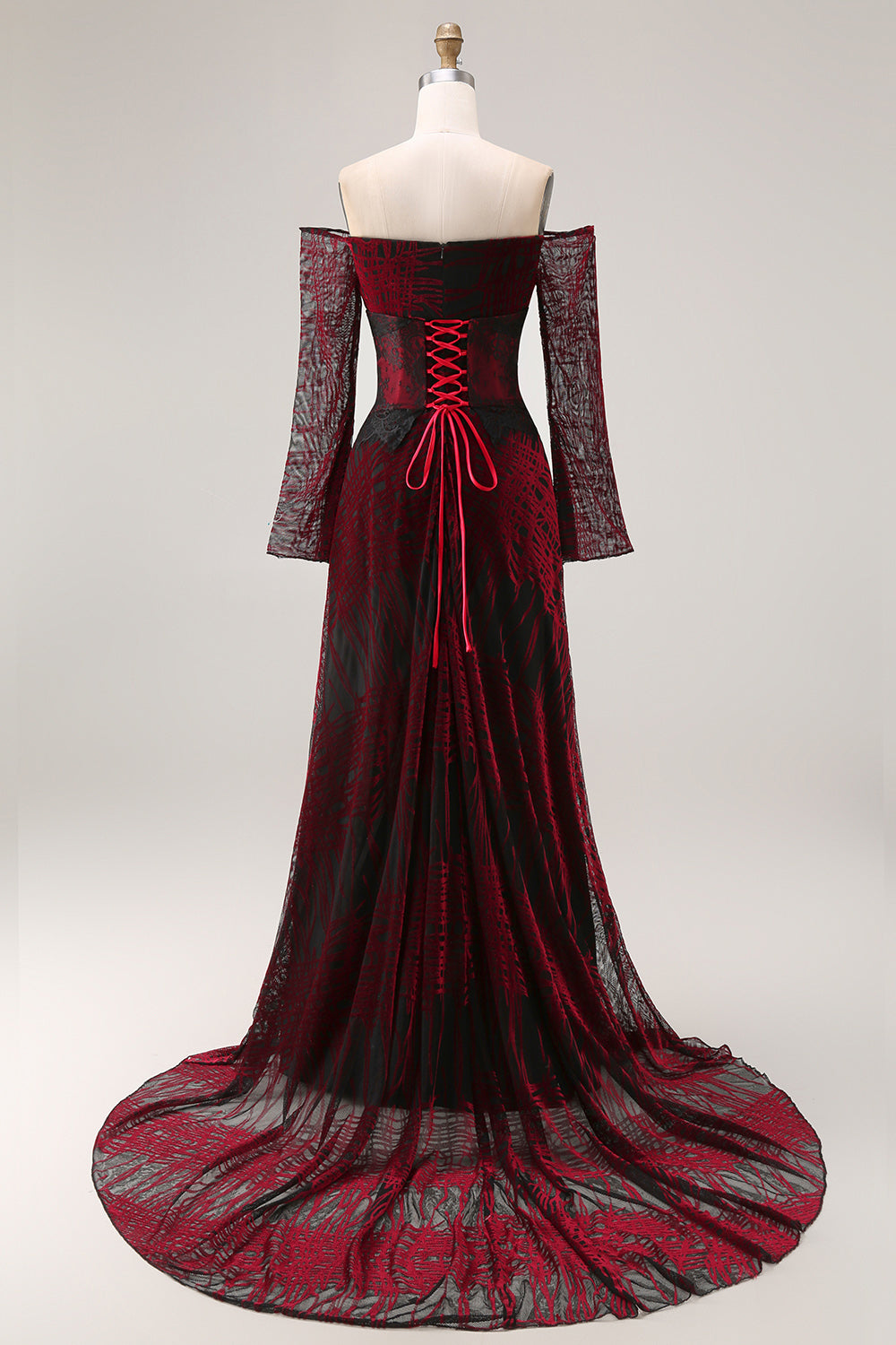 Black Red Off the Shoulder Printed A-Line Prom Dress with Long Sleeves