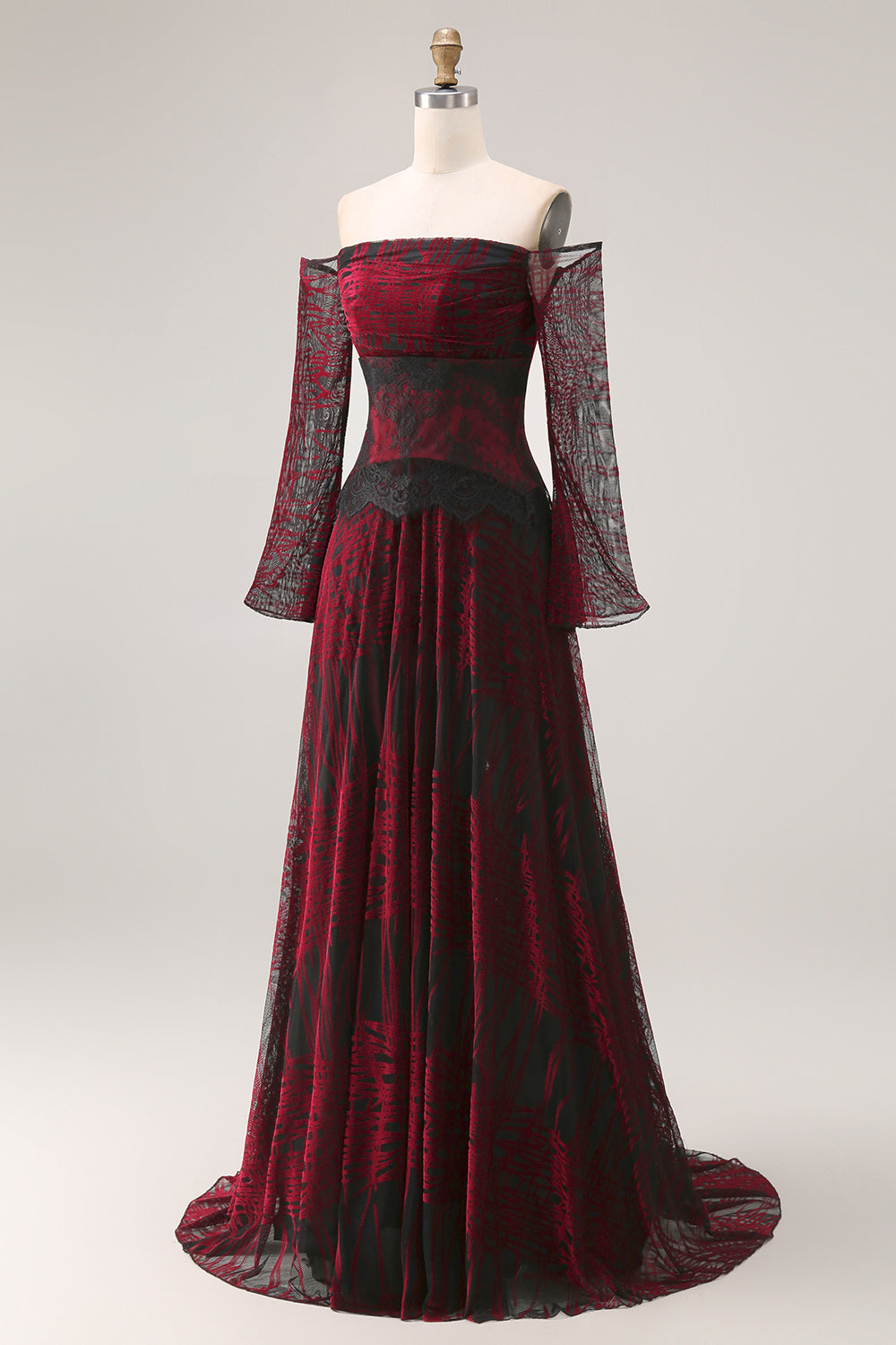 Black Red Off the Shoulder Printed A-Line Prom Dress with Long Sleeves