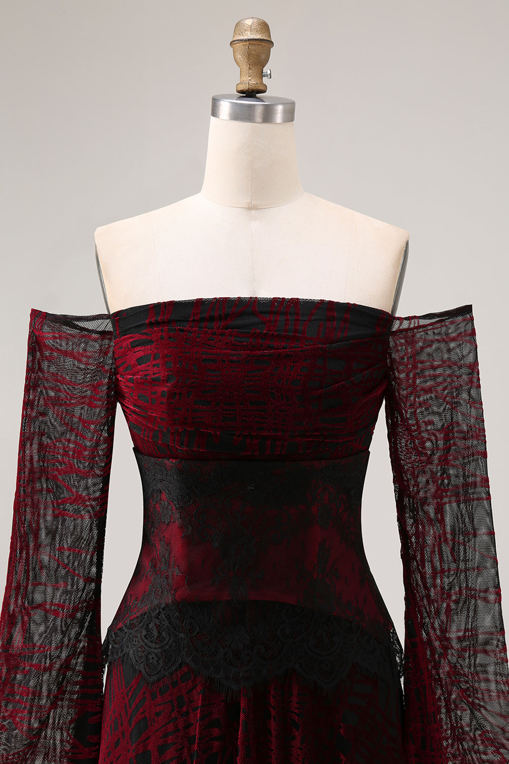 Black Red Off the Shoulder Printed A-Line Prom Dress with Long Sleeves