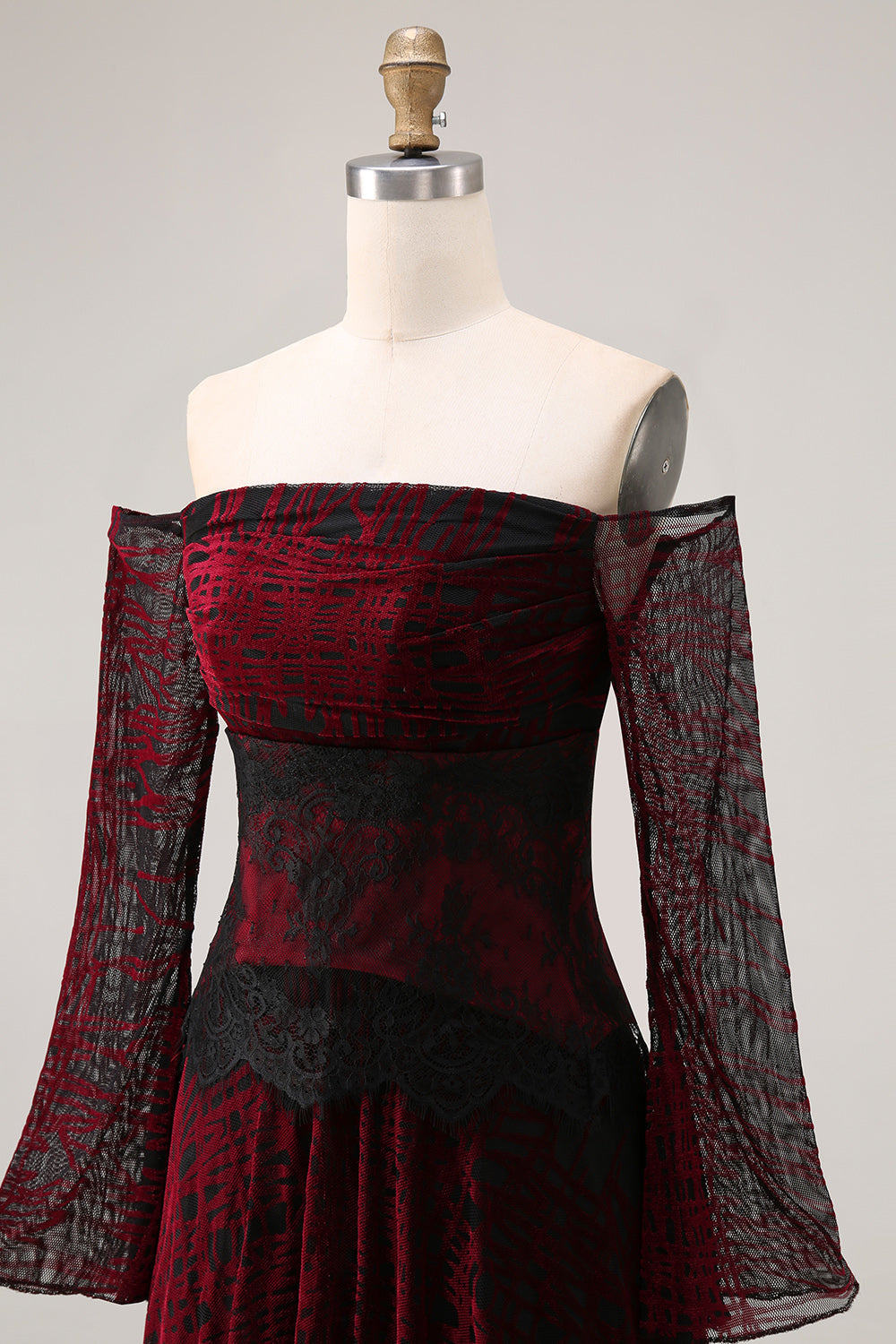 Black Red Off the Shoulder Printed A-Line Prom Dress with Long Sleeves