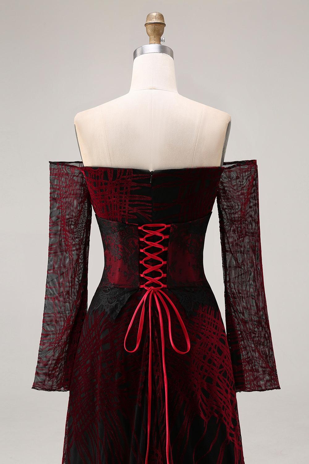 Black Red Off the Shoulder Printed A-Line Prom Dress with Long Sleeves