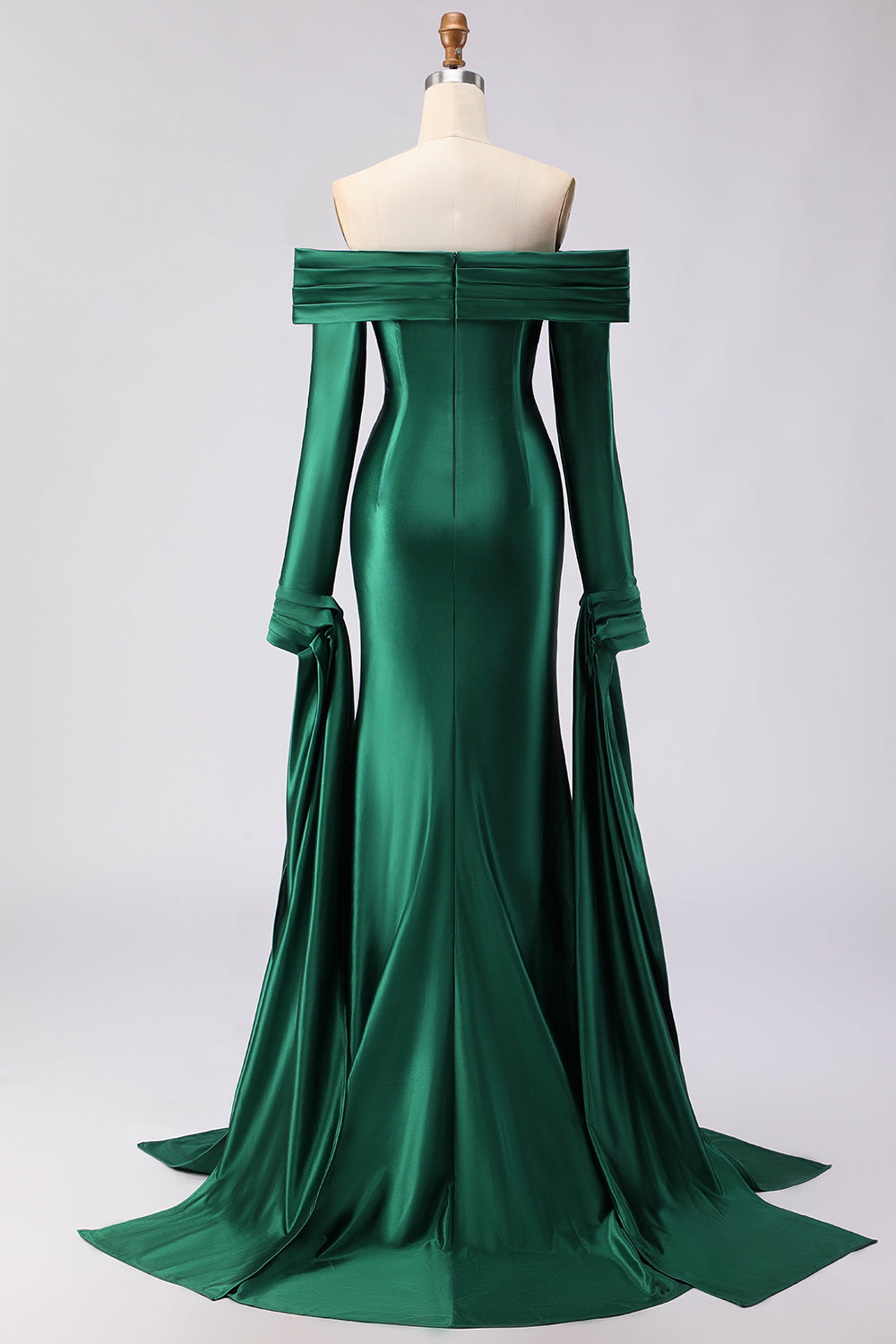 Robe de bal longue en satin vert foncé de sirène à épaules dénudées avec manches longues