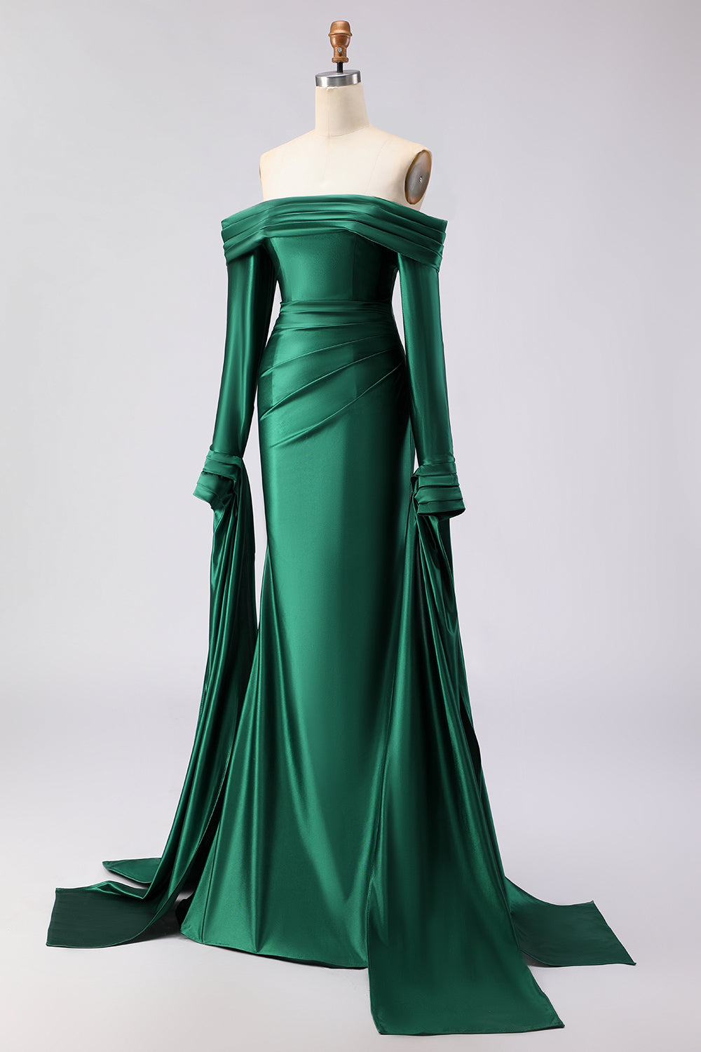 Robe de bal longue en satin vert foncé de sirène à épaules dénudées avec manches longues