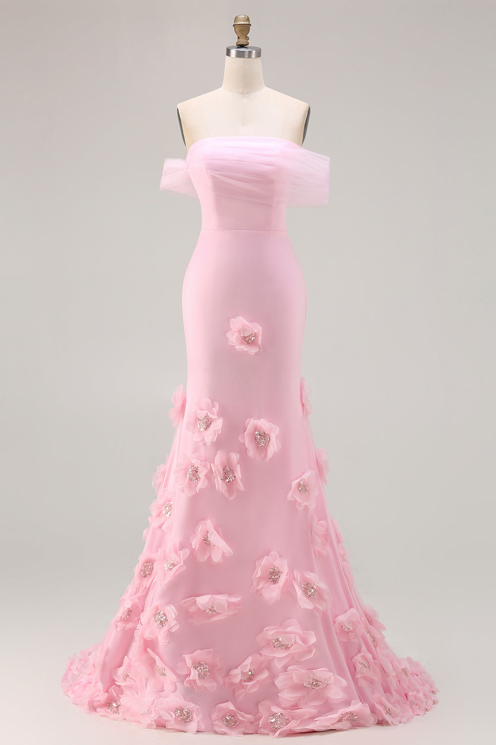 Robe de bal sirène rose à fleurs 3D épaules dénudées