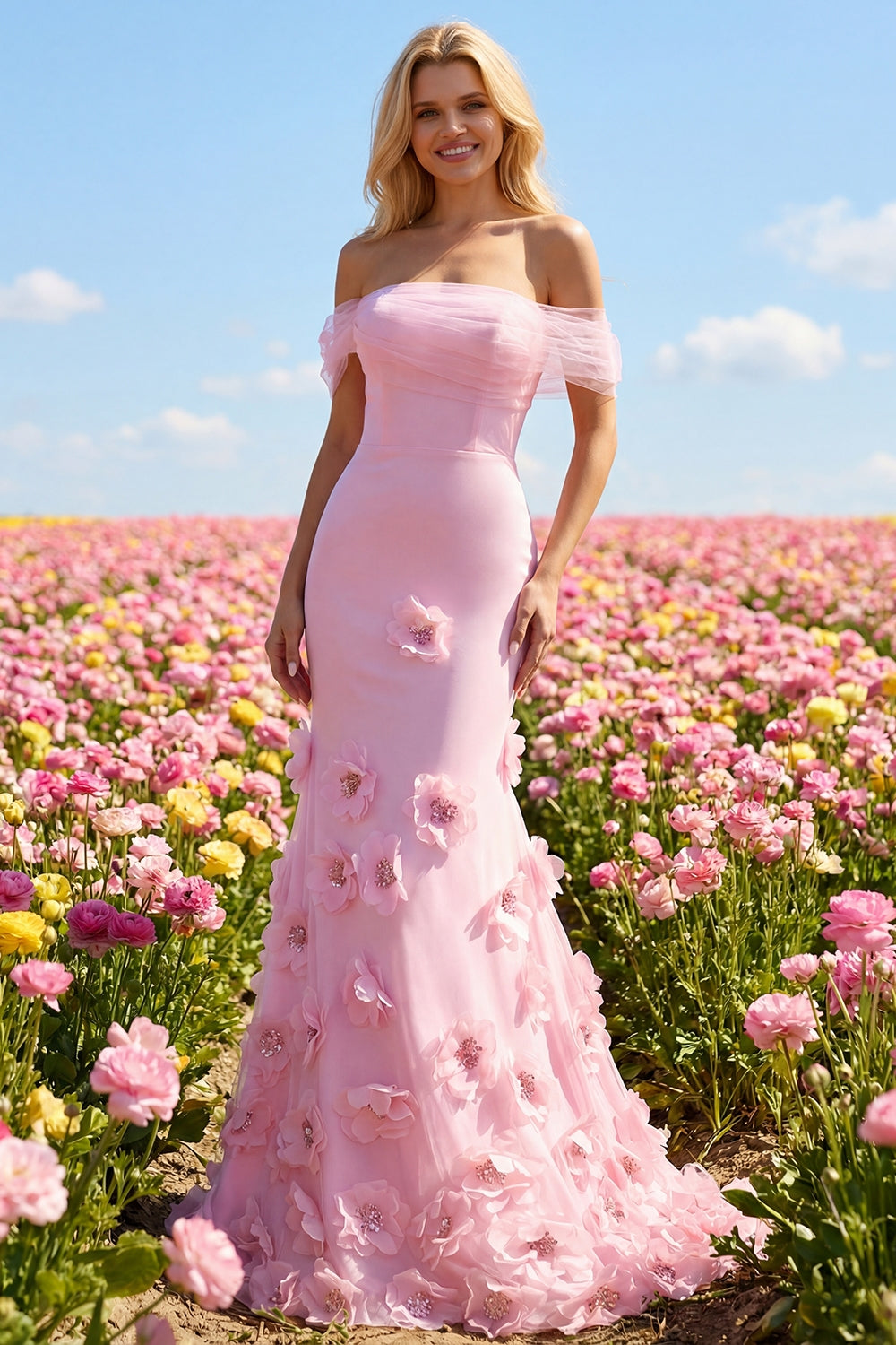 Robe de bal sirène rose à fleurs 3D épaules dénudées