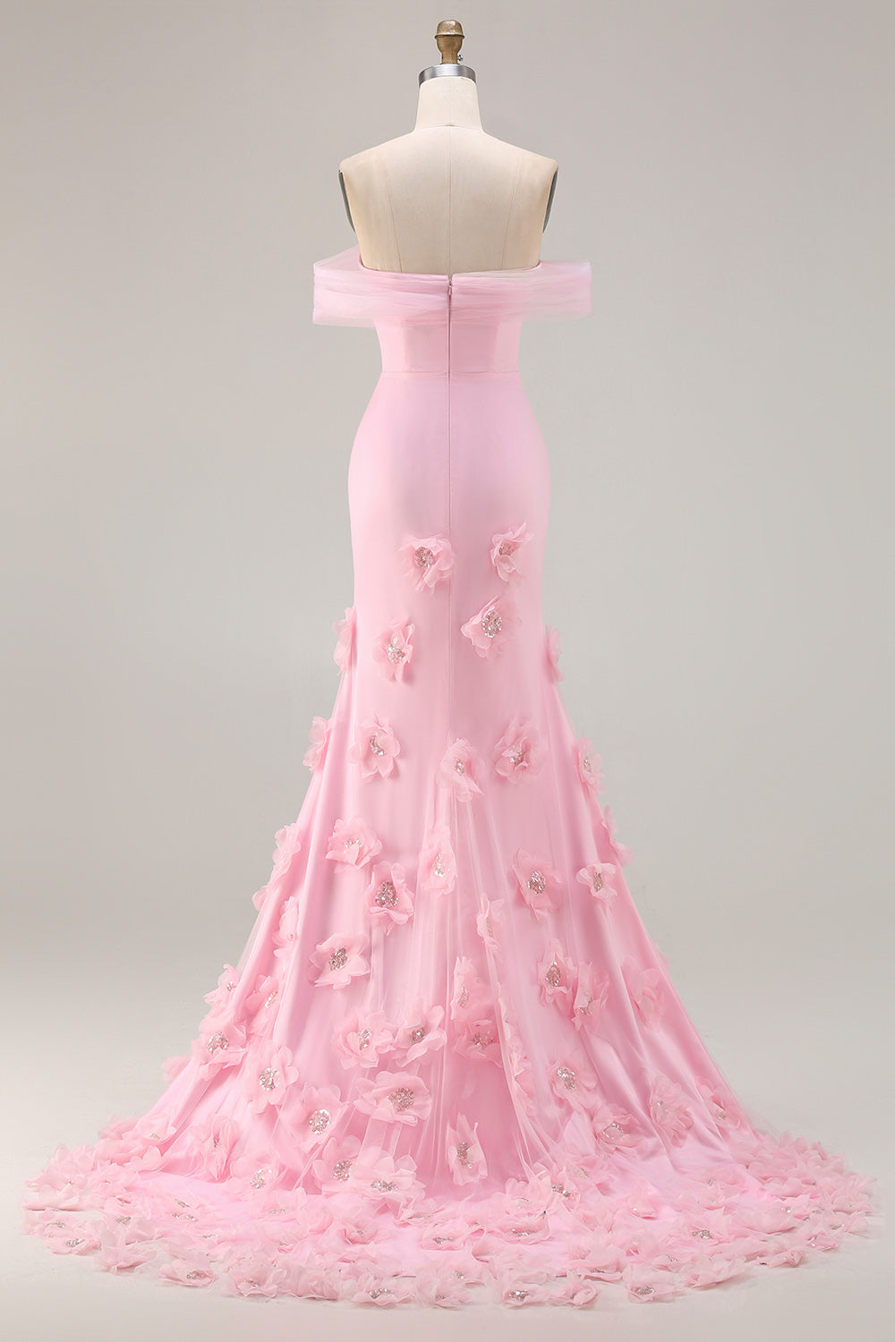 Robe de bal sirène rose à fleurs 3D épaules dénudées