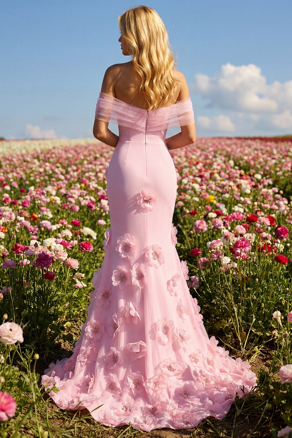 Robe de bal sirène rose à fleurs 3D épaules dénudées